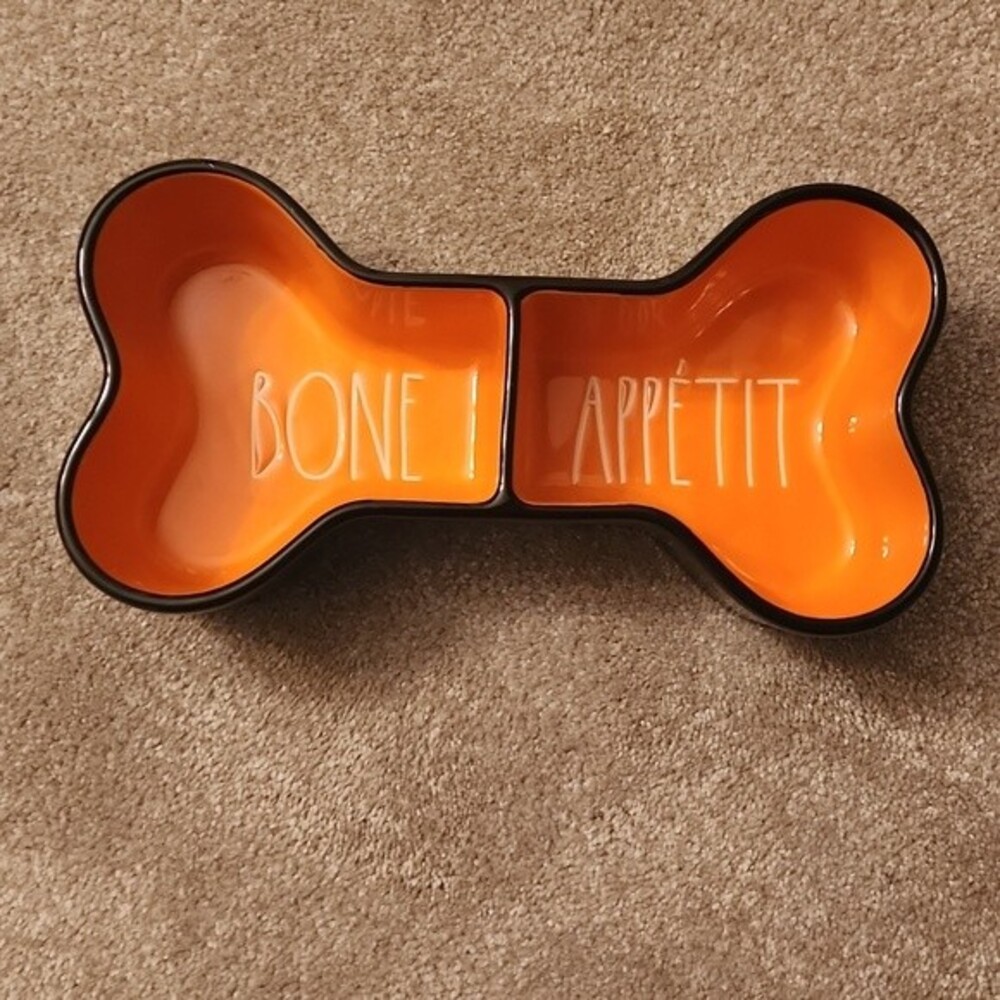 Rae Dunn "Bone Appetit" 2-Sectioned Dog Bowl Orange & Black NIB!